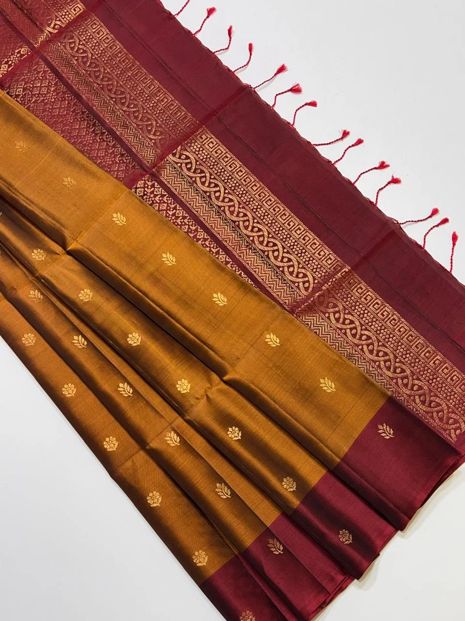 Mustard Gold with Maroon Border Gold Zari Floral Buttas Kanchipuram Silk Saree